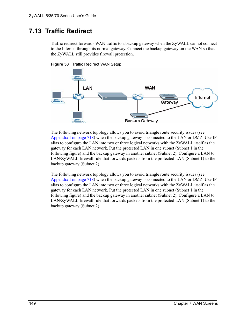 Figure 58 traffic redirect wan setup, 13 traffic redirect | ZyXEL Communications Internet Security Appliance ZyWALL5UTM 4.0 User Manual | Page 149 / 803