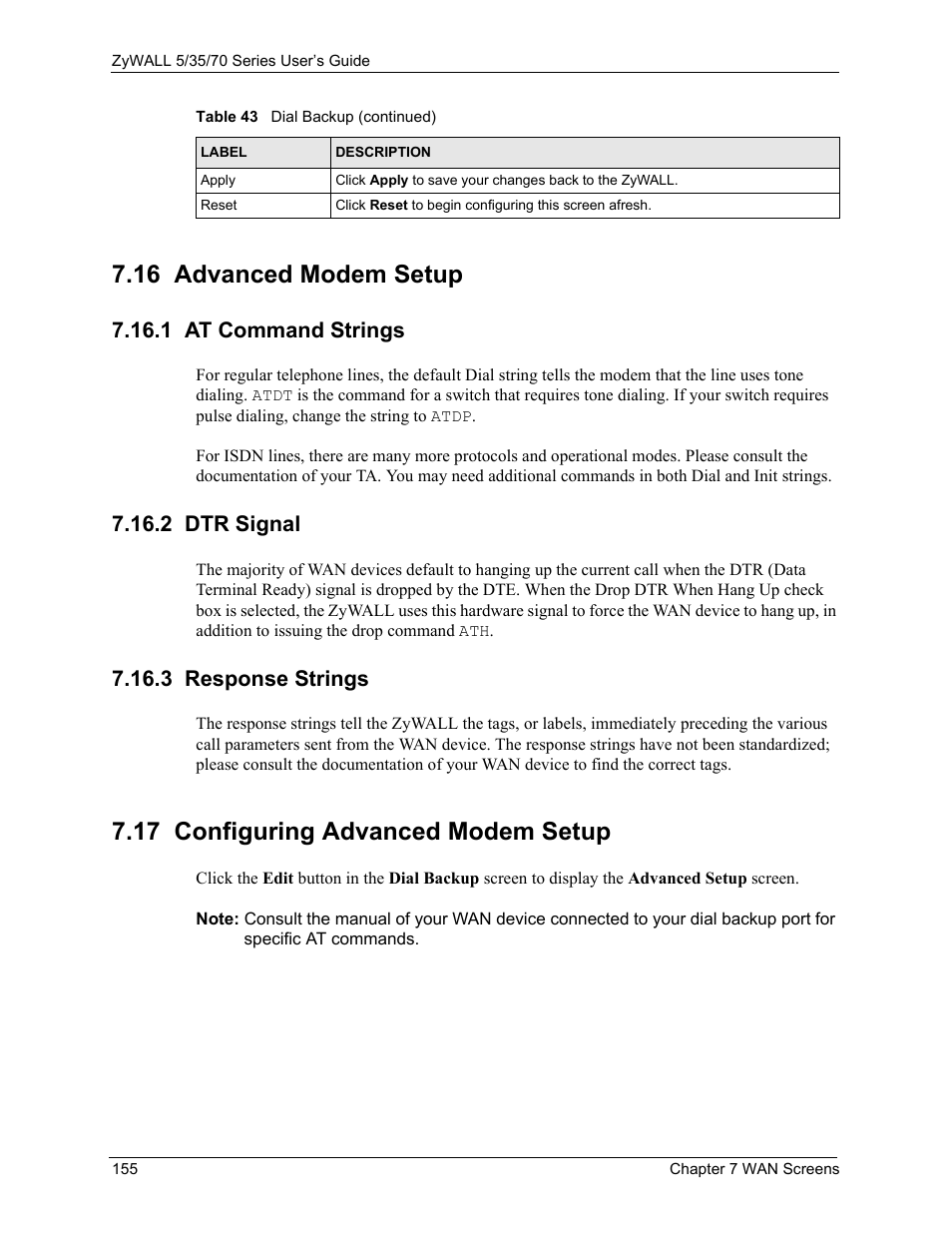 1 at command strings, 2 dtr signal, 3 response strings | 17 configuring advanced modem setup, 16 advanced modem setup | ZyXEL Communications Internet Security Appliance ZyWALL5UTM 4.0 User Manual | Page 155 / 803