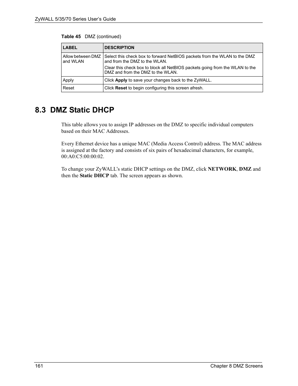 3 dmz static dhcp | ZyXEL Communications Internet Security Appliance ZyWALL5UTM 4.0 User Manual | Page 161 / 803