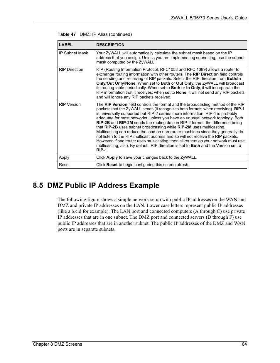 5 dmz public ip address example | ZyXEL Communications Internet Security Appliance ZyWALL5UTM 4.0 User Manual | Page 164 / 803