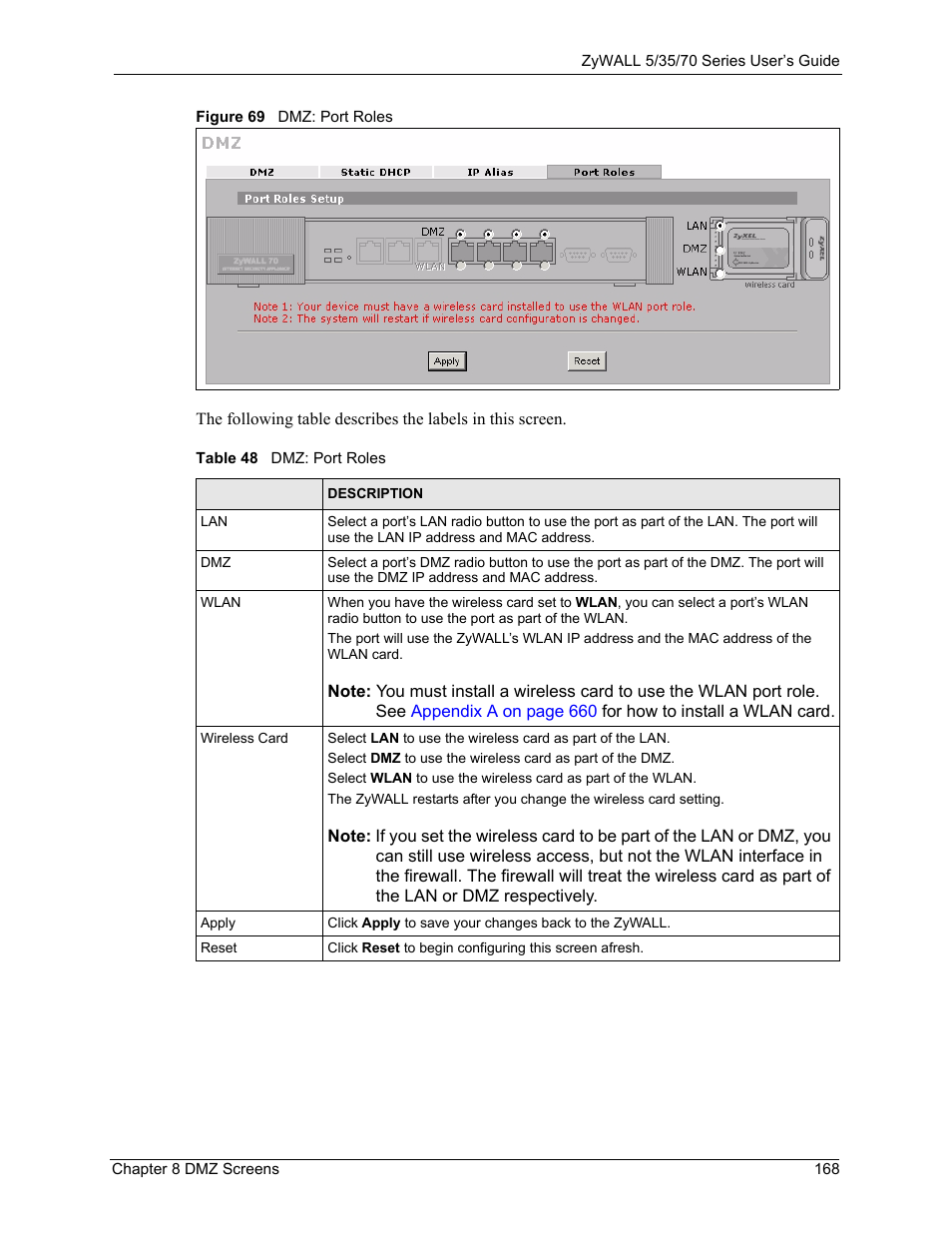 Figure 69 dmz: port roles, Table 48 dmz: port roles | ZyXEL Communications Internet Security Appliance ZyWALL5UTM 4.0 User Manual | Page 168 / 803