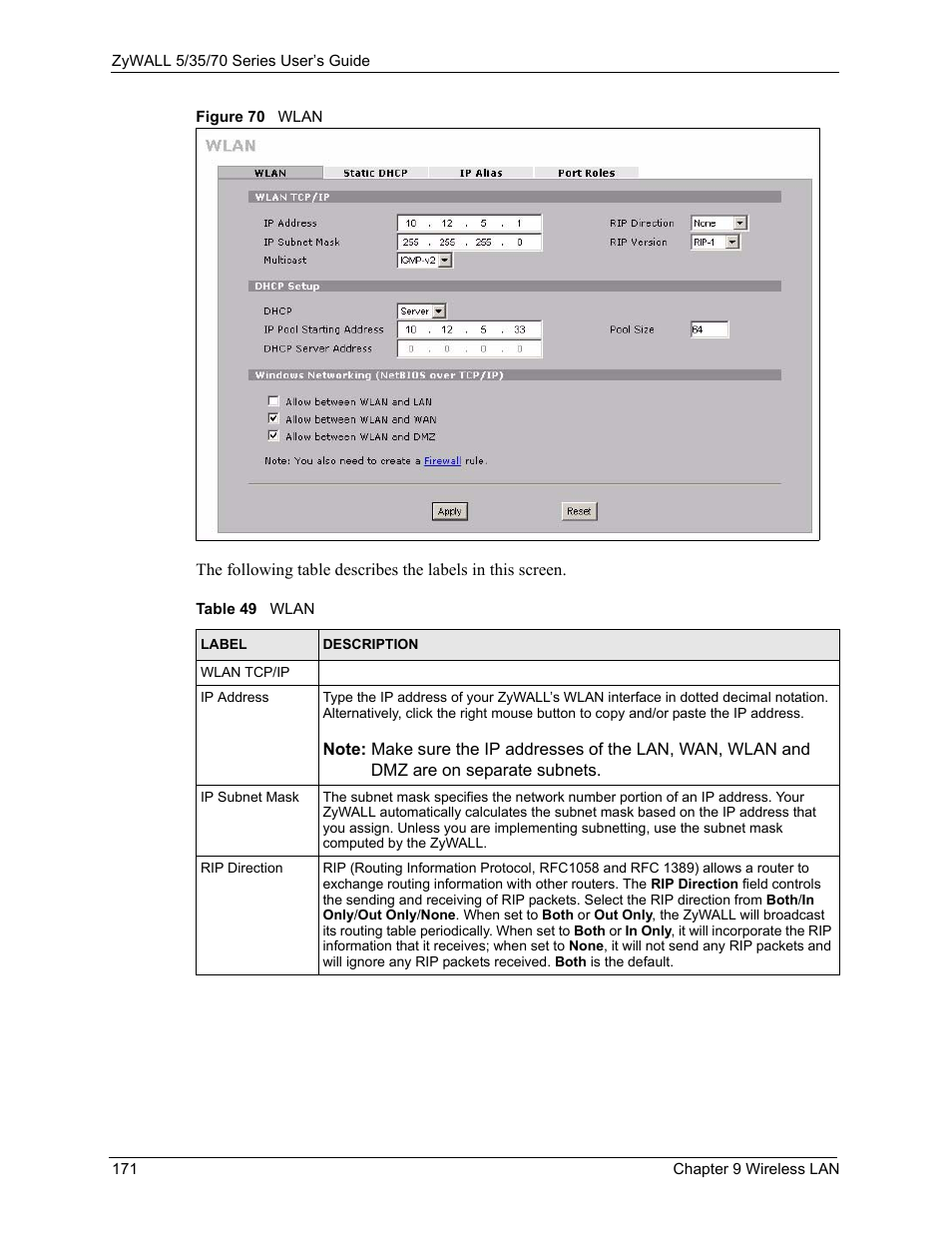 Figure 70 wlan, Table 49 wlan | ZyXEL Communications Internet Security Appliance ZyWALL5UTM 4.0 User Manual | Page 171 / 803