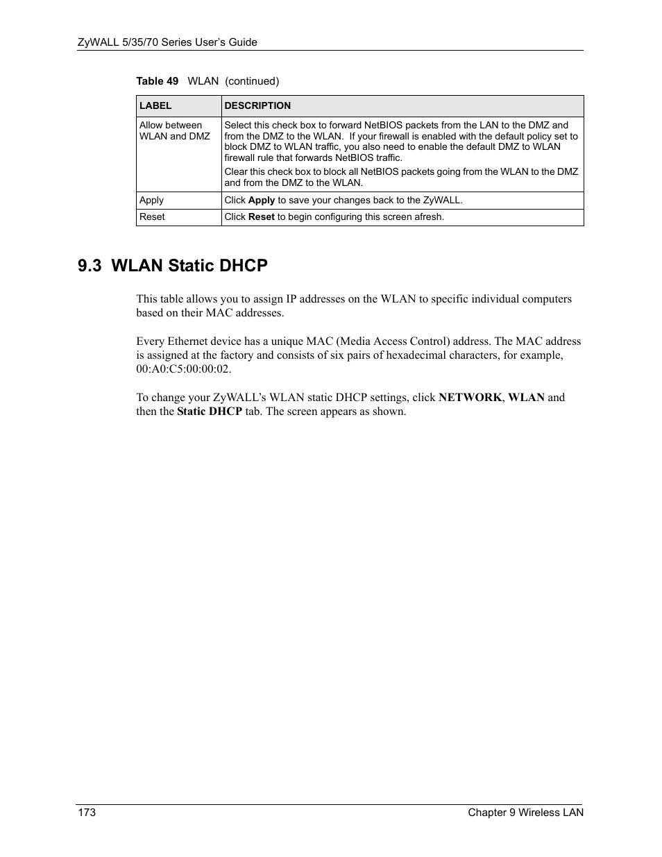 3 wlan static dhcp | ZyXEL Communications Internet Security Appliance ZyWALL5UTM 4.0 User Manual | Page 173 / 803