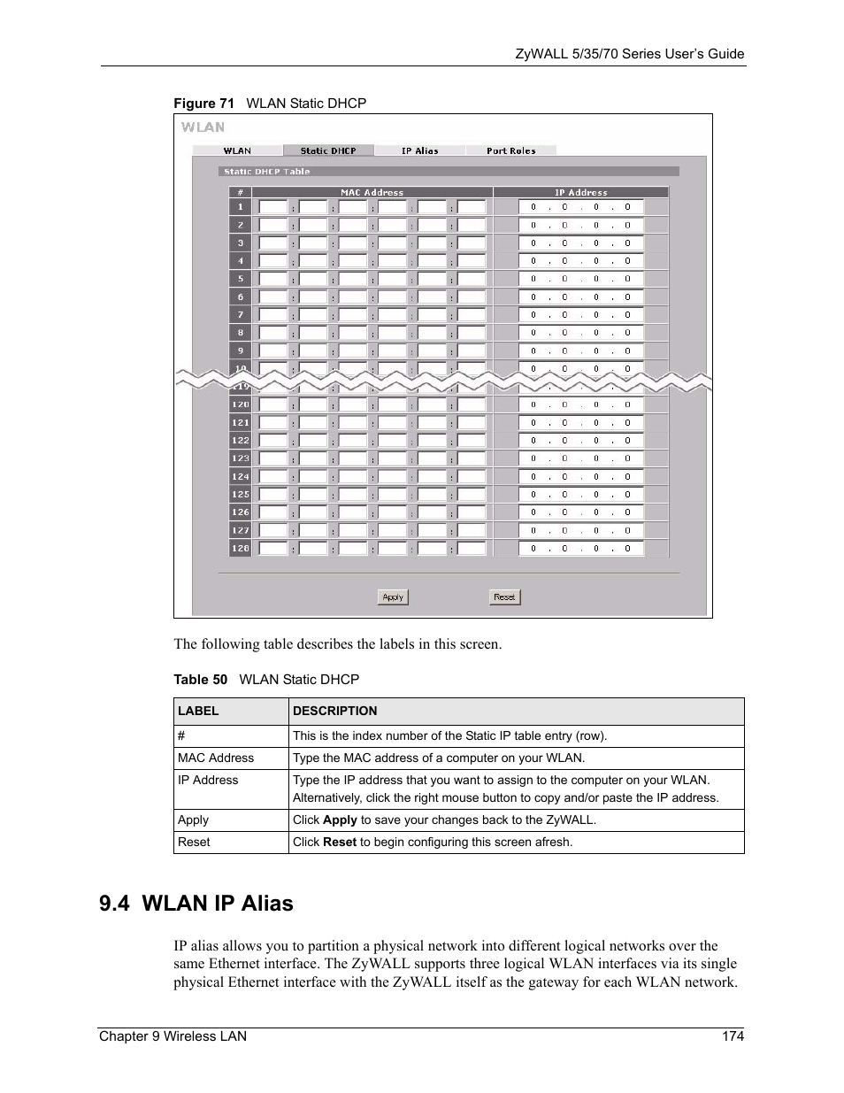 Figure 71 wlan static dhcp, Table 50 wlan static dhcp, 4 wlan ip alias | ZyXEL Communications Internet Security Appliance ZyWALL5UTM 4.0 User Manual | Page 174 / 803