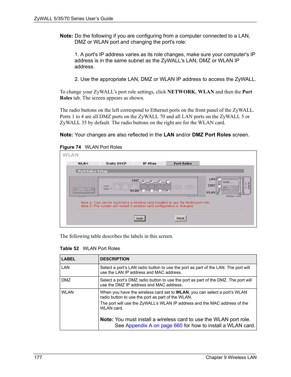 Figure 74 wlan port roles, Table 52 wlan port roles | ZyXEL Communications Internet Security Appliance ZyWALL5UTM 4.0 User Manual | Page 177 / 803
