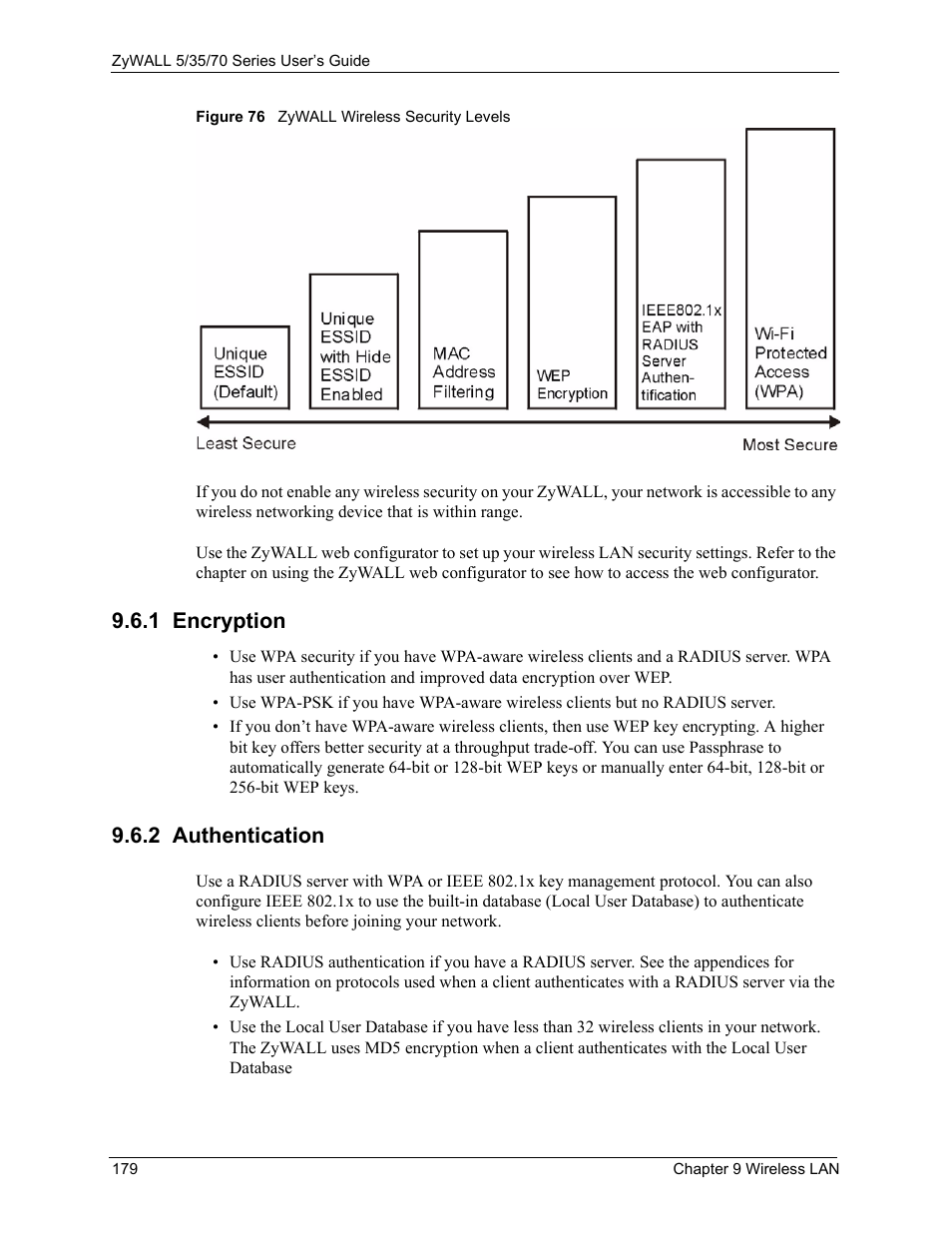 1 encryption, 2 authentication, 1 encryption 9.6.2 authentication | Figure 76 zywall wireless security levels | ZyXEL Communications Internet Security Appliance ZyWALL5UTM 4.0 User Manual | Page 179 / 803