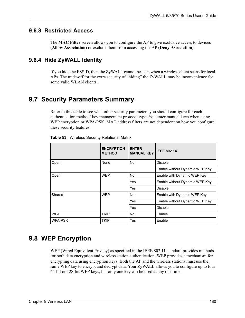 3 restricted access, 4 hide zywall identity, 7 security parameters summary | 8 wep encryption, 3 restricted access 9.6.4 hide zywall identity, 7 security parameters summary 9.8 wep encryption, Table 53 wireless security relational matrix | ZyXEL Communications Internet Security Appliance ZyWALL5UTM 4.0 User Manual | Page 180 / 803