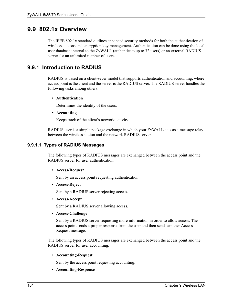 9 802.1x overview, 1 introduction to radius, 1 types of radius messages | ZyXEL Communications Internet Security Appliance ZyWALL5UTM 4.0 User Manual | Page 181 / 803