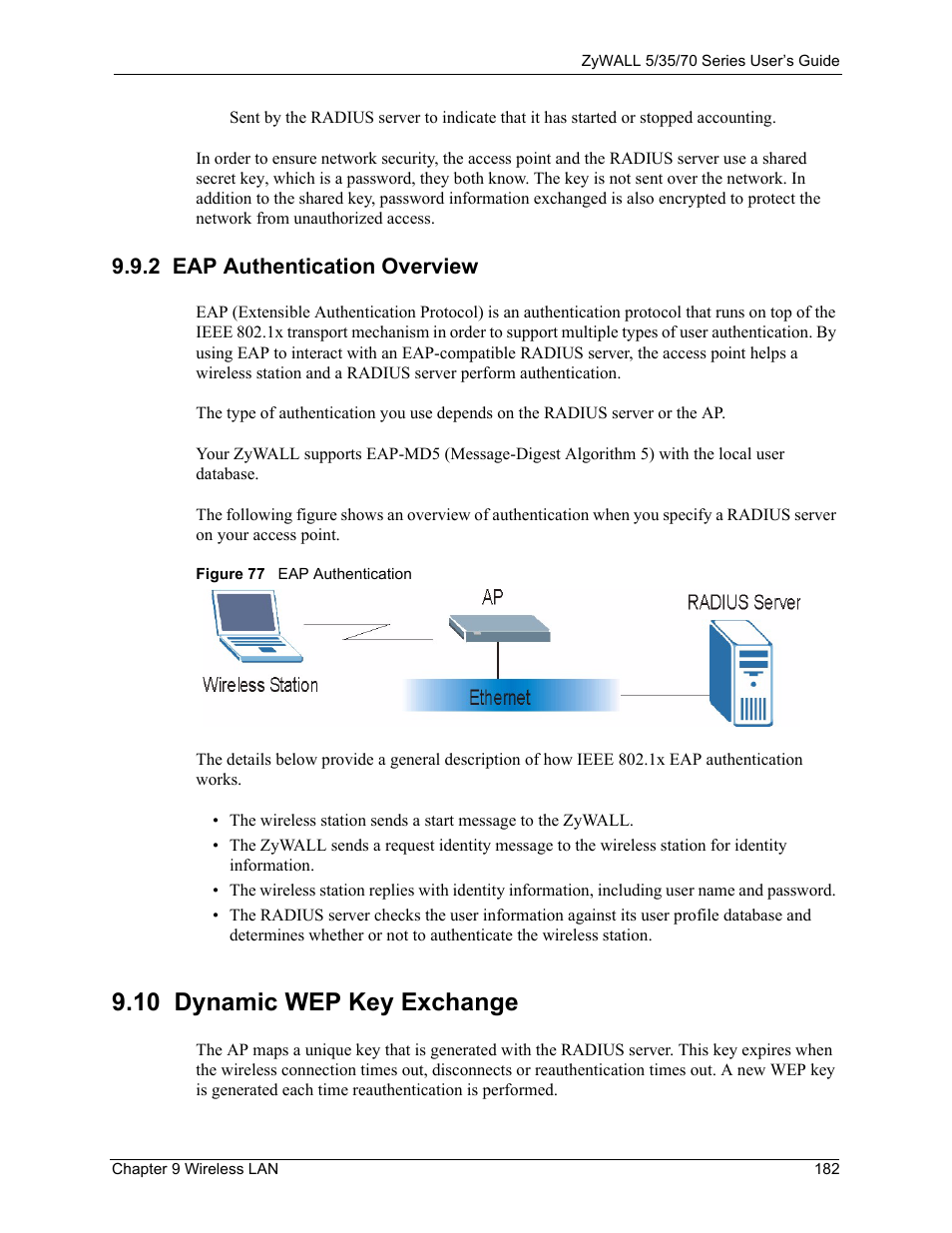 2 eap authentication overview, 10 dynamic wep key exchange, Figure 77 eap authentication | ZyXEL Communications Internet Security Appliance ZyWALL5UTM 4.0 User Manual | Page 182 / 803