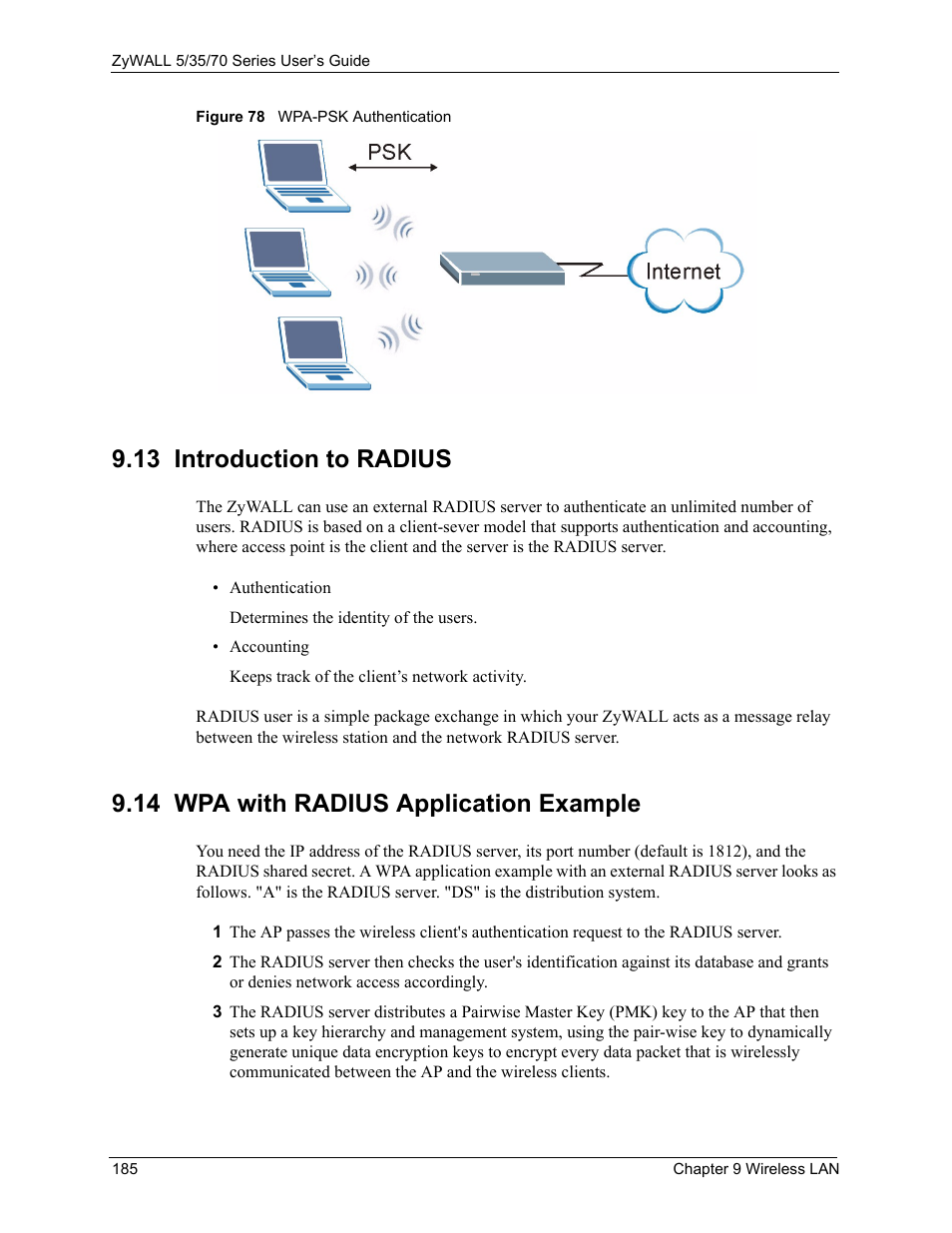 13 introduction to radius, 14 wpa with radius application example, Figure 78 wpa-psk authentication | ZyXEL Communications Internet Security Appliance ZyWALL5UTM 4.0 User Manual | Page 185 / 803
