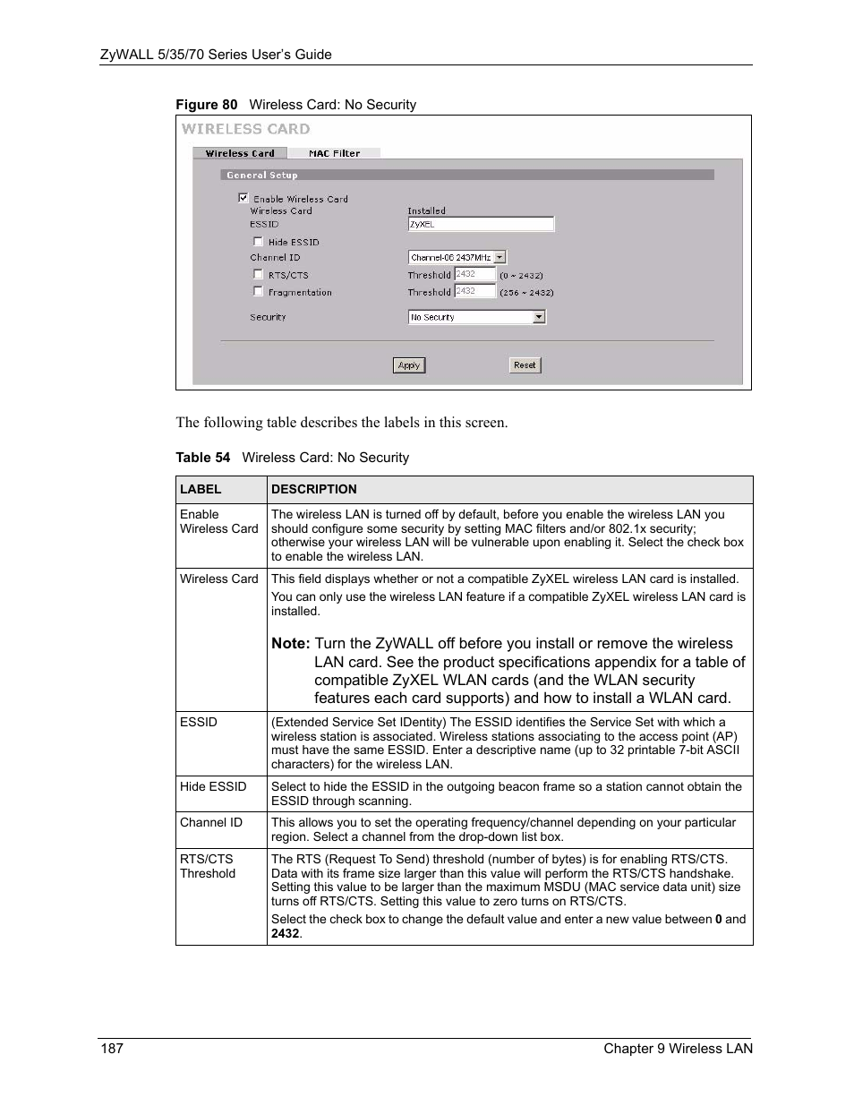 Figure 80 wireless card: no security, Table 54 wireless card: no security, To ha | ZyXEL Communications Internet Security Appliance ZyWALL5UTM 4.0 User Manual | Page 187 / 803