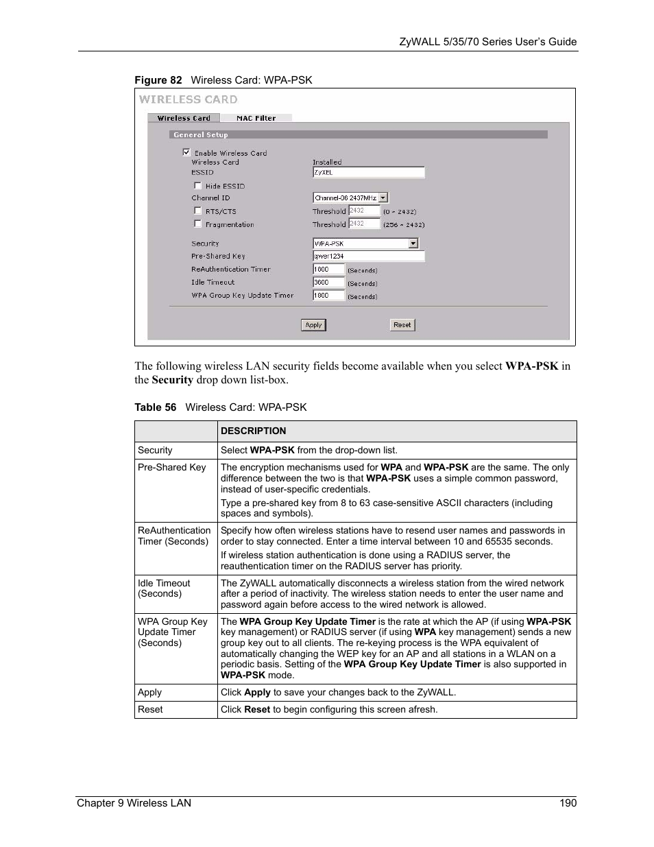 Figure 82 wireless card: wpa-psk, Table 56 wireless card: wpa-psk | ZyXEL Communications Internet Security Appliance ZyWALL5UTM 4.0 User Manual | Page 190 / 803