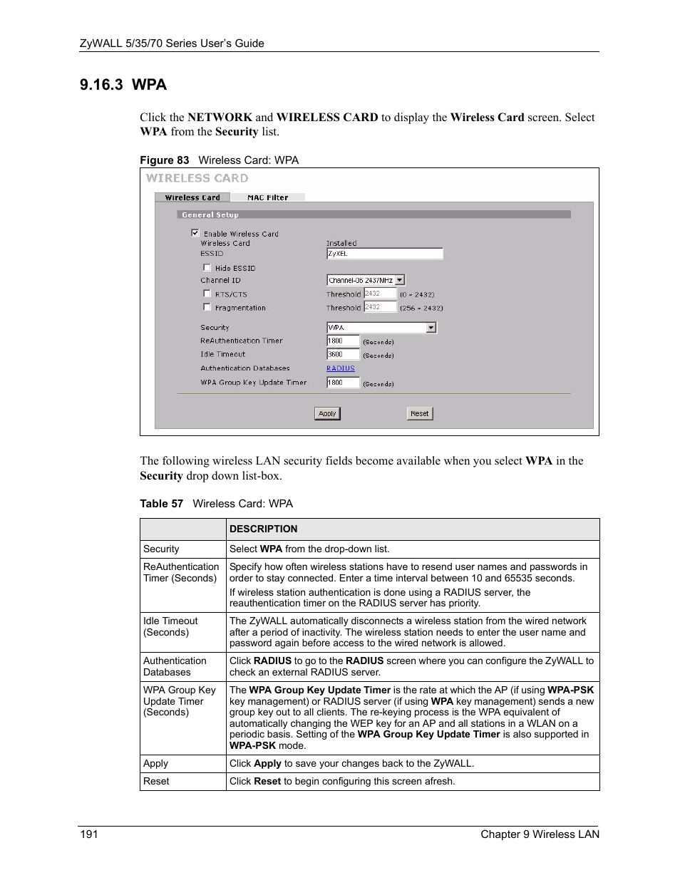 3 wpa, Figure 83 wireless card: wpa, Table 57 wireless card: wpa | ZyXEL Communications Internet Security Appliance ZyWALL5UTM 4.0 User Manual | Page 191 / 803