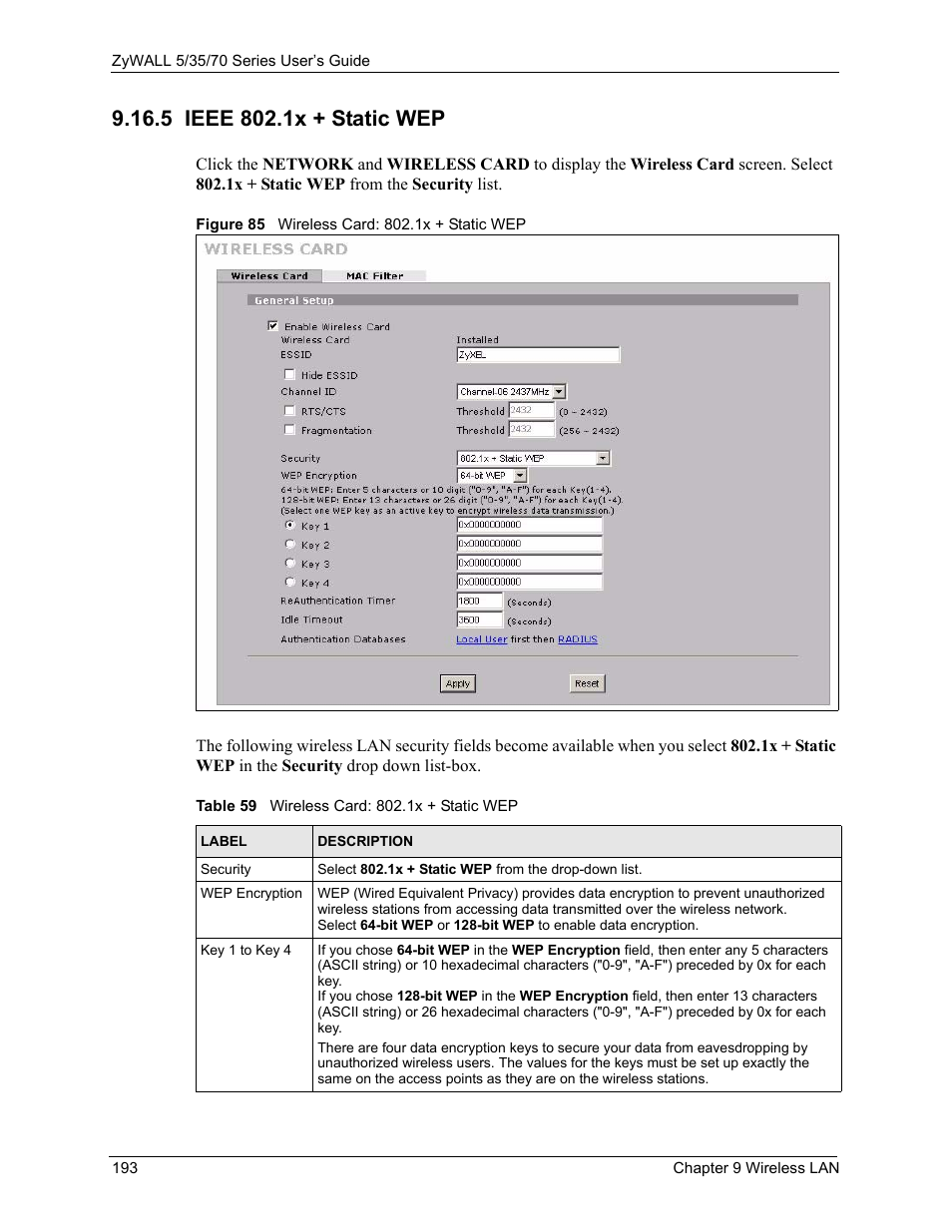 5 ieee 802.1x + static wep, Figure 85 wireless card: 802.1x + static wep, Table 59 wireless card: 802.1x + static wep | ZyXEL Communications Internet Security Appliance ZyWALL5UTM 4.0 User Manual | Page 193 / 803