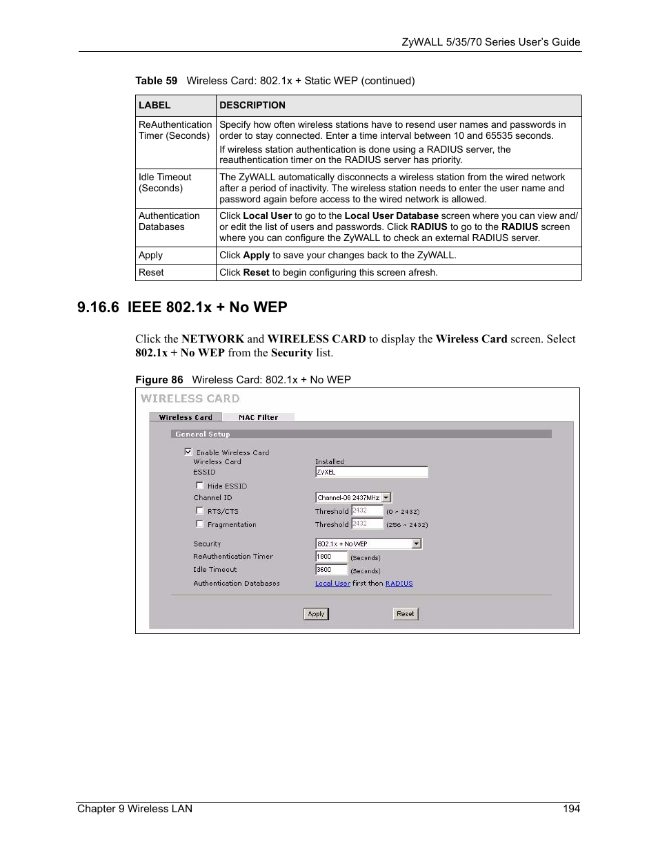 6 ieee 802.1x + no wep, Figure 86 wireless card: 802.1x + no wep | ZyXEL Communications Internet Security Appliance ZyWALL5UTM 4.0 User Manual | Page 194 / 803