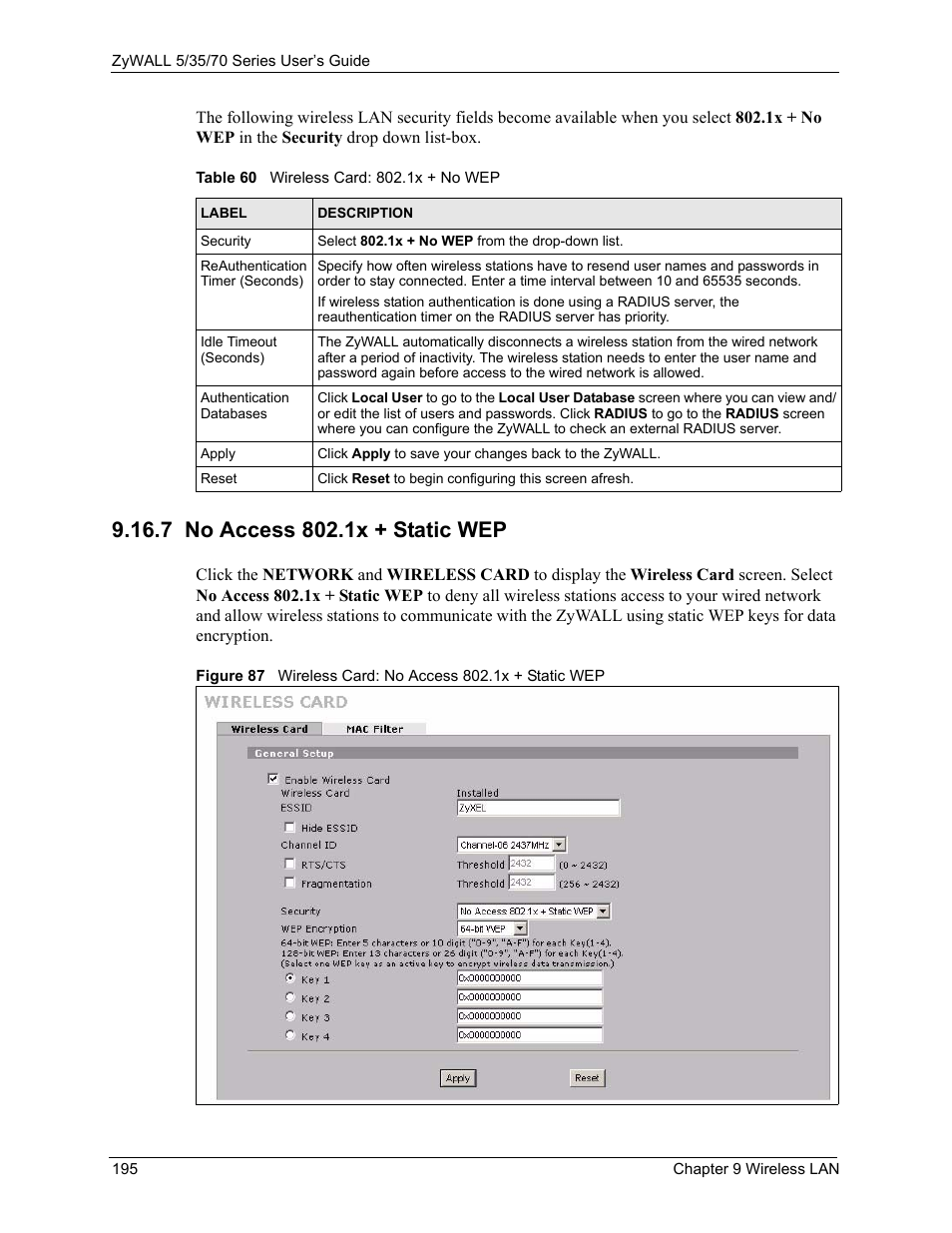7 no access 802.1x + static wep, Table 60 wireless card: 802.1x + no wep | ZyXEL Communications Internet Security Appliance ZyWALL5UTM 4.0 User Manual | Page 195 / 803