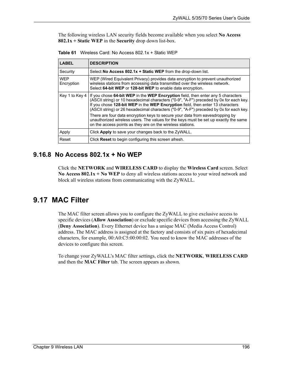 8 no access 802.1x + no wep, 17 mac filter | ZyXEL Communications Internet Security Appliance ZyWALL5UTM 4.0 User Manual | Page 196 / 803
