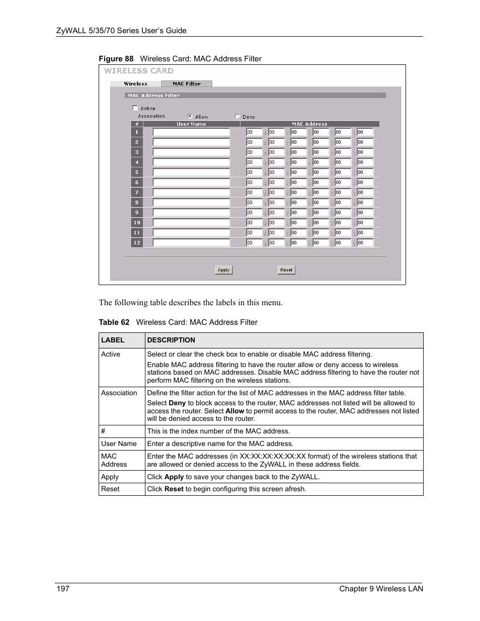 Figure 88 wireless card: mac address filter, Table 62 wireless card: mac address filter | ZyXEL Communications Internet Security Appliance ZyWALL5UTM 4.0 User Manual | Page 197 / 803