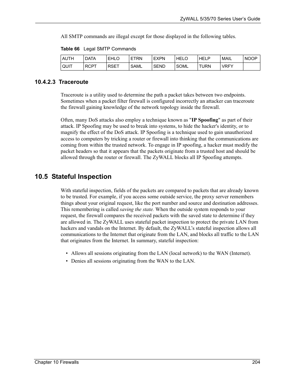 3 traceroute, 5 stateful inspection, Table 66 legal smtp commands | ZyXEL Communications Internet Security Appliance ZyWALL5UTM 4.0 User Manual | Page 204 / 803