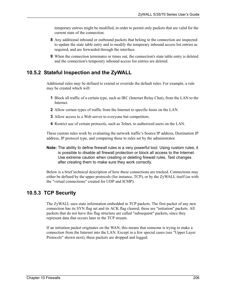 2 stateful inspection and the zywall, 3 tcp security | ZyXEL Communications Internet Security Appliance ZyWALL5UTM 4.0 User Manual | Page 206 / 803
