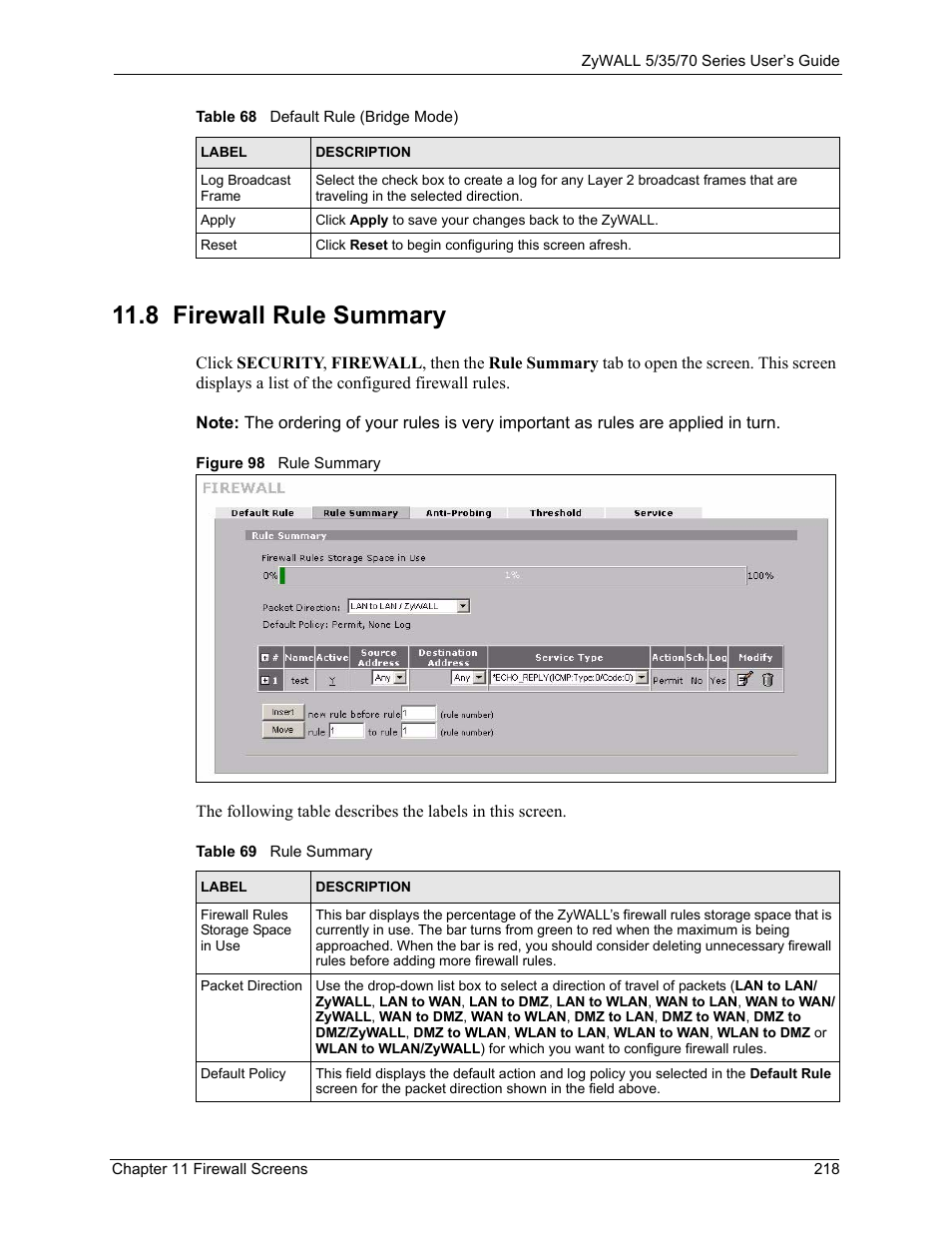 Figure 98 rule summary, Table 69 rule summary, 8 firewall rule summary | ZyXEL Communications Internet Security Appliance ZyWALL5UTM 4.0 User Manual | Page 218 / 803