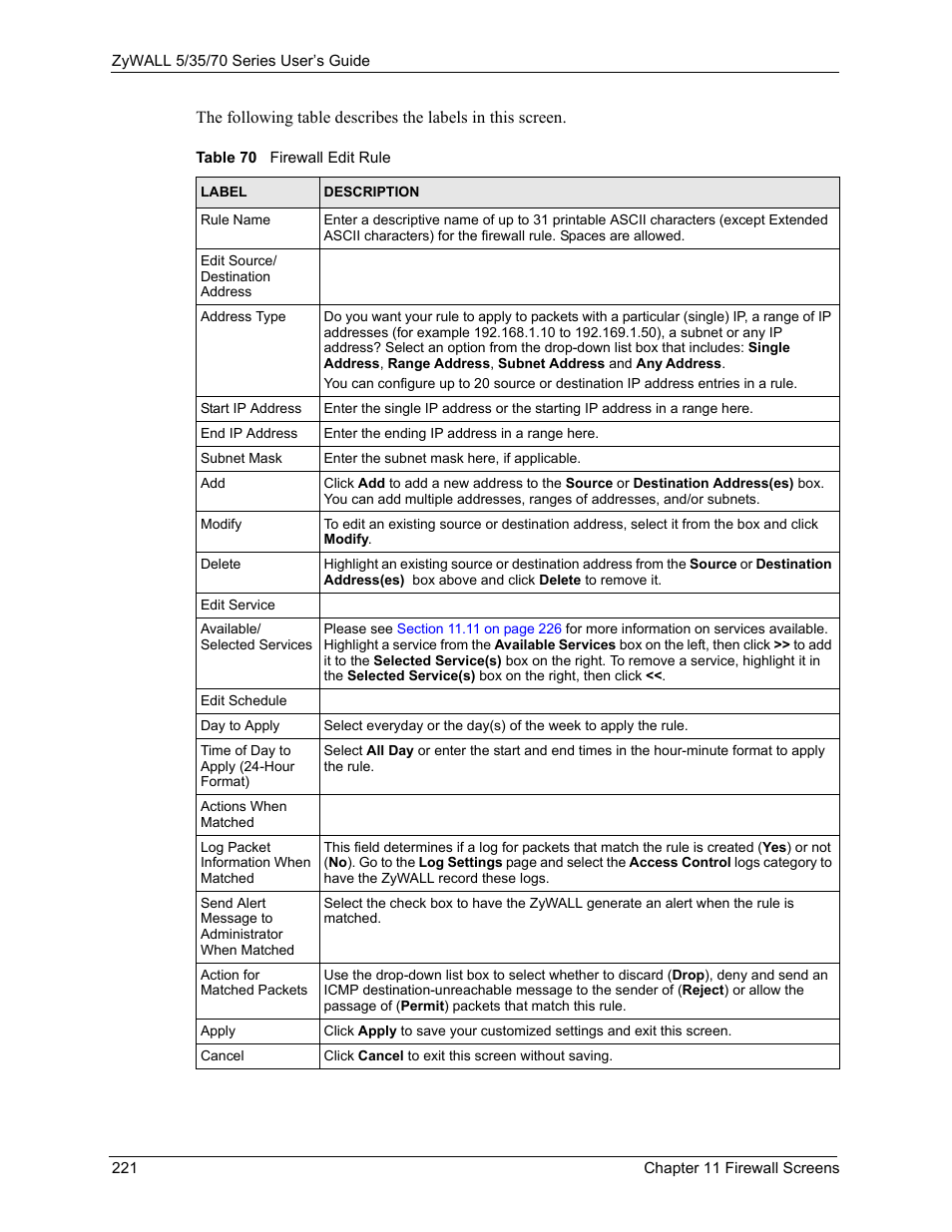 Table 70 firewall edit rule | ZyXEL Communications Internet Security Appliance ZyWALL5UTM 4.0 User Manual | Page 221 / 803