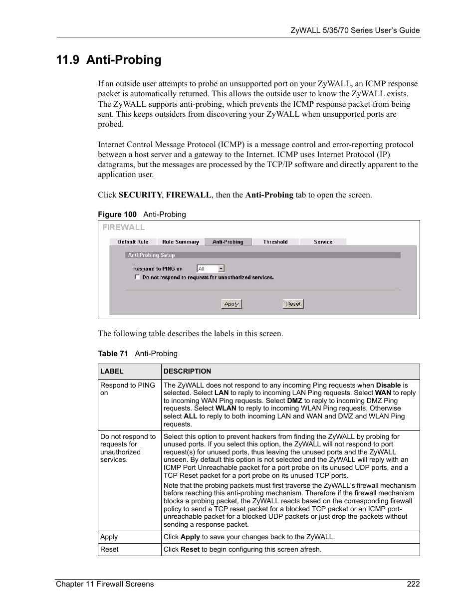 Figure 100 anti-probing, Table 71 anti-probing, 9 anti-probing | ZyXEL Communications Internet Security Appliance ZyWALL5UTM 4.0 User Manual | Page 222 / 803
