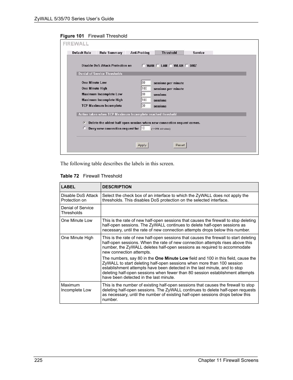 Figure 101 firewall threshold, Table 72 firewall threshold | ZyXEL Communications Internet Security Appliance ZyWALL5UTM 4.0 User Manual | Page 225 / 803