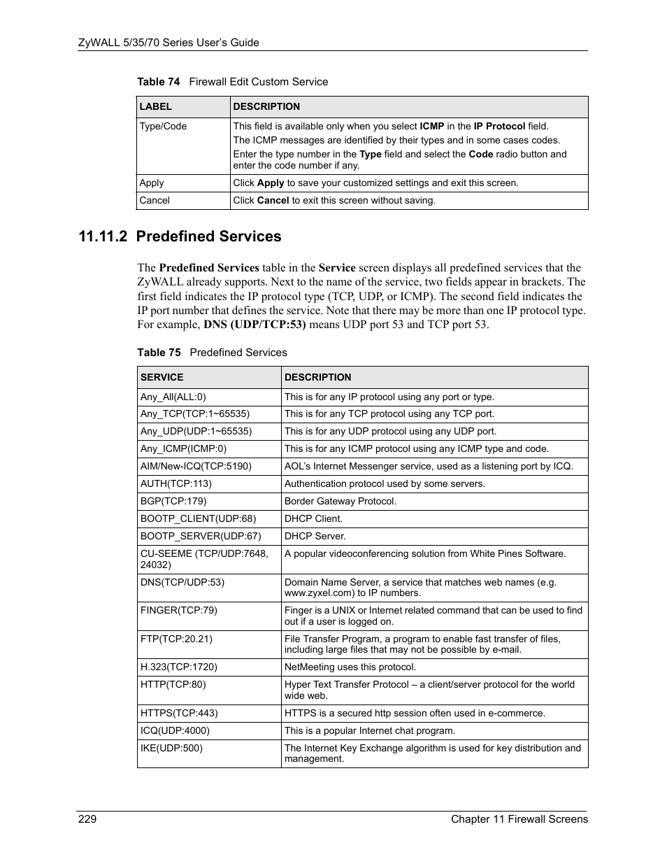 2 predefined services, Table 75 predefined services, Section 11.11.2 | S. see | ZyXEL Communications Internet Security Appliance ZyWALL5UTM 4.0 User Manual | Page 229 / 803