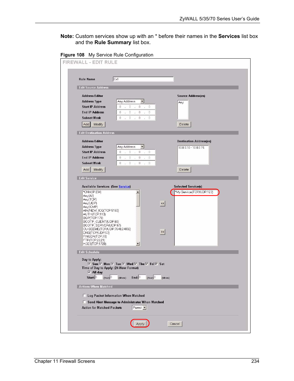Figure 108 my service rule configuration | ZyXEL Communications Internet Security Appliance ZyWALL5UTM 4.0 User Manual | Page 234 / 803