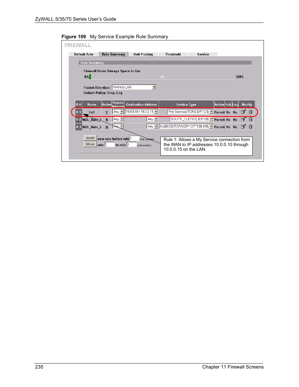 Figure 109 my service example rule summary | ZyXEL Communications Internet Security Appliance ZyWALL5UTM 4.0 User Manual | Page 235 / 803