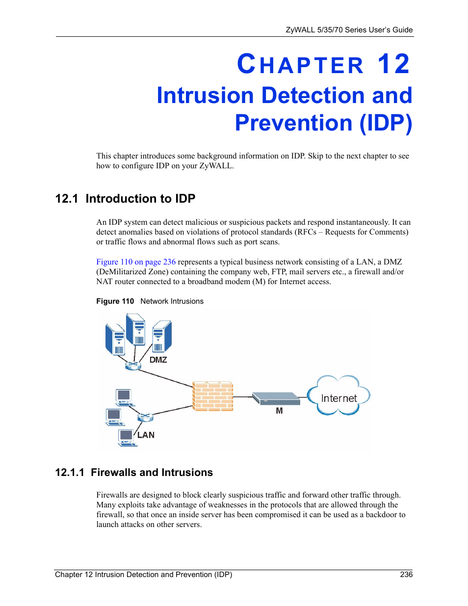Intrusion detection and prevention (idp), 1 introduction to idp, 1 firewalls and intrusions | Figure 110 network intrusions | ZyXEL Communications Internet Security Appliance ZyWALL5UTM 4.0 User Manual | Page 236 / 803