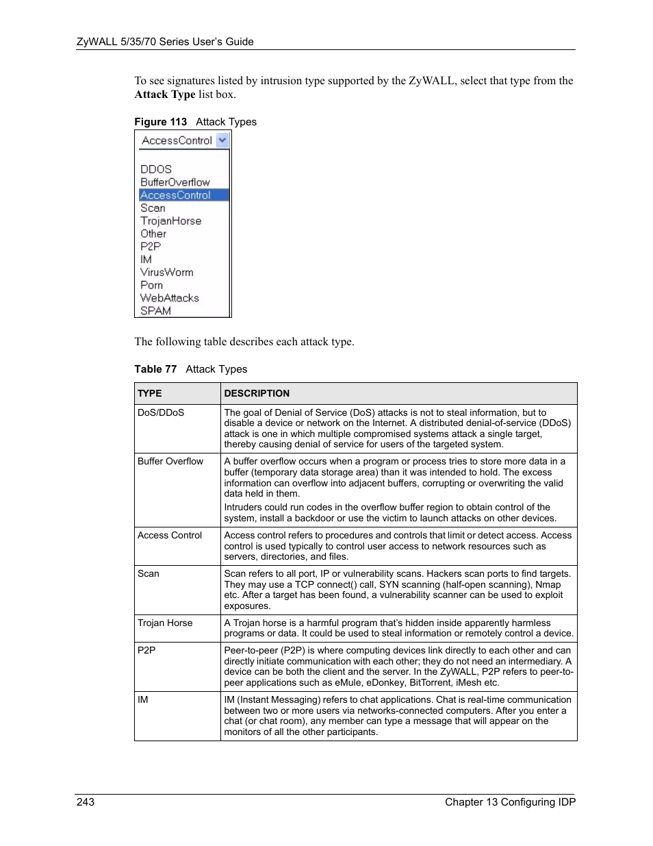 Figure 113 attack types, Table 77 attack types | ZyXEL Communications Internet Security Appliance ZyWALL5UTM 4.0 User Manual | Page 243 / 803