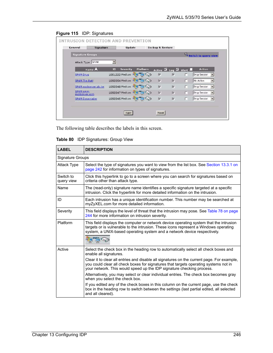 Figure 115 idp: signatures, Table 80 idp signatures: group view | ZyXEL Communications Internet Security Appliance ZyWALL5UTM 4.0 User Manual | Page 246 / 803