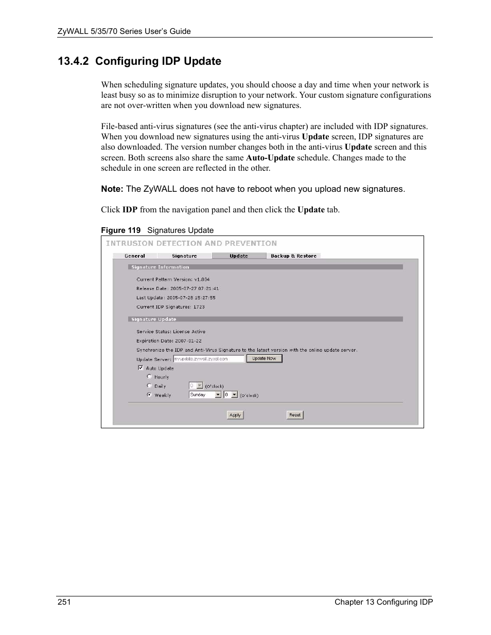 2 configuring idp update, Figure 119 signatures update | ZyXEL Communications Internet Security Appliance ZyWALL5UTM 4.0 User Manual | Page 251 / 803