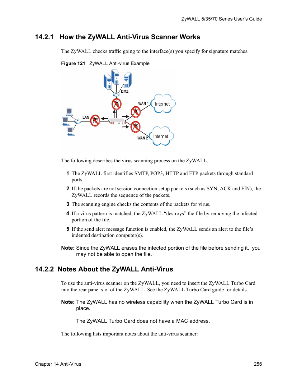 1 how the zywall anti-virus scanner works, 2 notes about the zywall anti-virus, Figure 121 zywall anti-virus example | ZyXEL Communications Internet Security Appliance ZyWALL5UTM 4.0 User Manual | Page 256 / 803