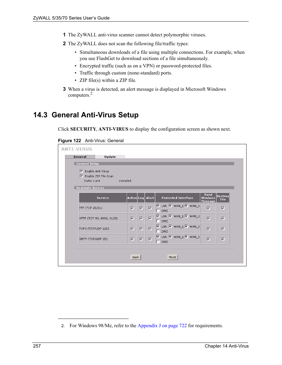 3 general anti-virus setup, Figure 122 anti-virus: general | ZyXEL Communications Internet Security Appliance ZyWALL5UTM 4.0 User Manual | Page 257 / 803