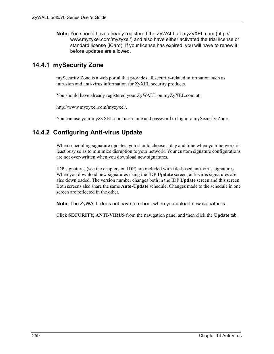 1 mysecurity zone, 2 configuring anti-virus update | ZyXEL Communications Internet Security Appliance ZyWALL5UTM 4.0 User Manual | Page 259 / 803