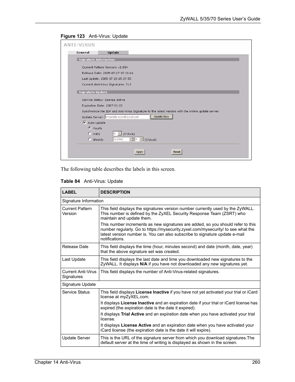 Figure 123 anti-virus: update, Table 84 anti-virus: update | ZyXEL Communications Internet Security Appliance ZyWALL5UTM 4.0 User Manual | Page 260 / 803