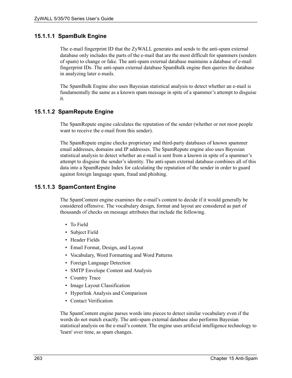 1 spambulk engine, 2 spamrepute engine, 3 spamcontent engine | ZyXEL Communications Internet Security Appliance ZyWALL5UTM 4.0 User Manual | Page 263 / 803