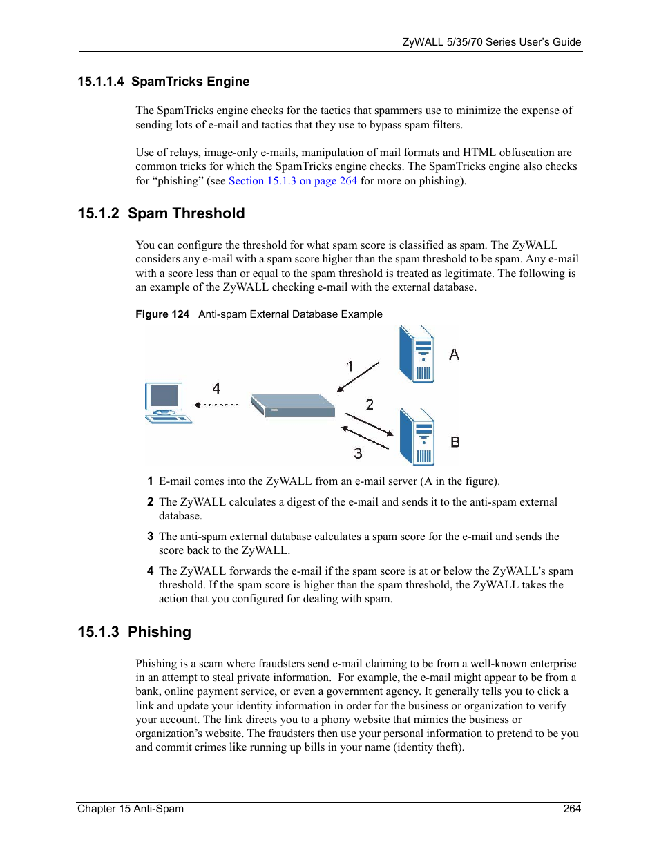 4 spamtricks engine, 2 spam threshold, 3 phishing | 2 spam threshold 15.1.3 phishing, Figure 124 anti-spam external database example | ZyXEL Communications Internet Security Appliance ZyWALL5UTM 4.0 User Manual | Page 264 / 803