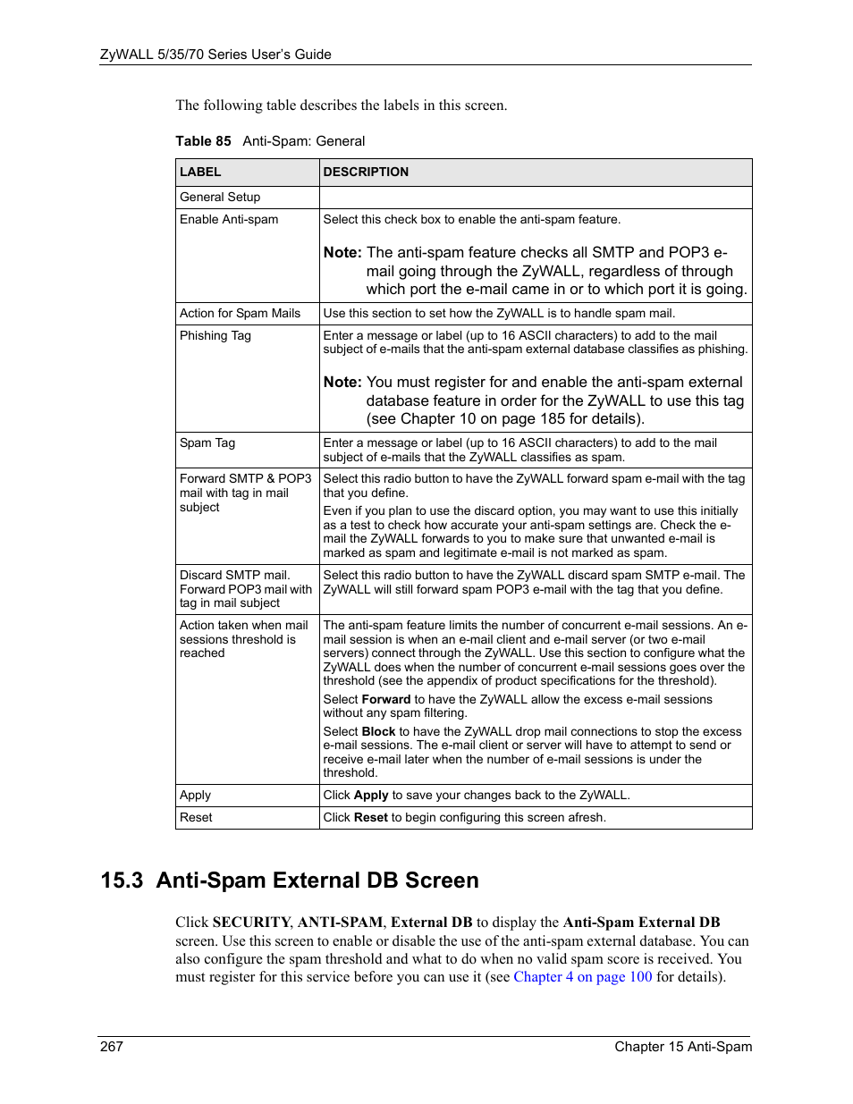 Table 85 anti-spam: general, 3 anti-spam external db screen | ZyXEL Communications Internet Security Appliance ZyWALL5UTM 4.0 User Manual | Page 267 / 803