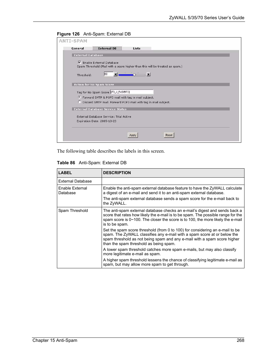 Figure 126 anti-spam: external db, Table 86 anti-spam: external db | ZyXEL Communications Internet Security Appliance ZyWALL5UTM 4.0 User Manual | Page 268 / 803