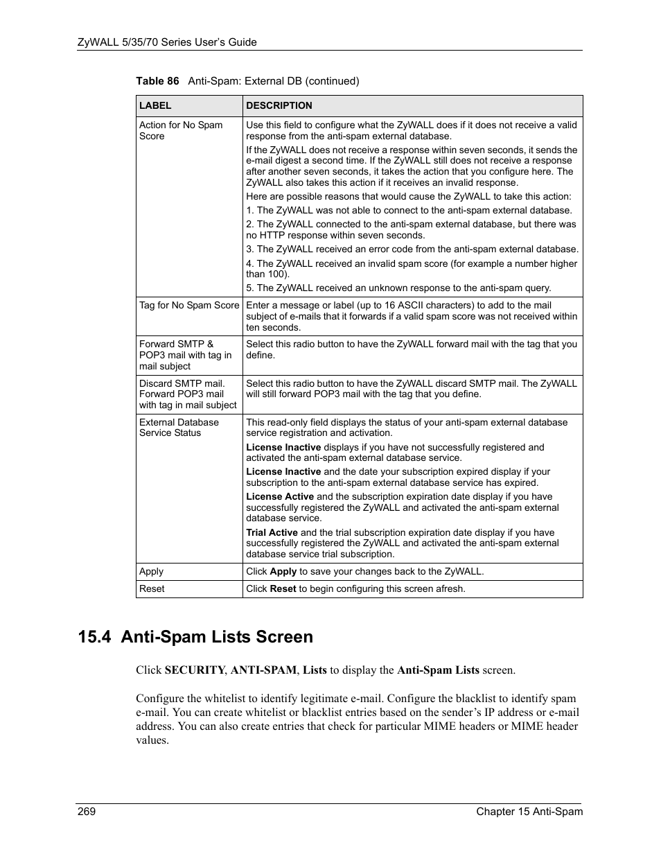 4 anti-spam lists screen | ZyXEL Communications Internet Security Appliance ZyWALL5UTM 4.0 User Manual | Page 269 / 803