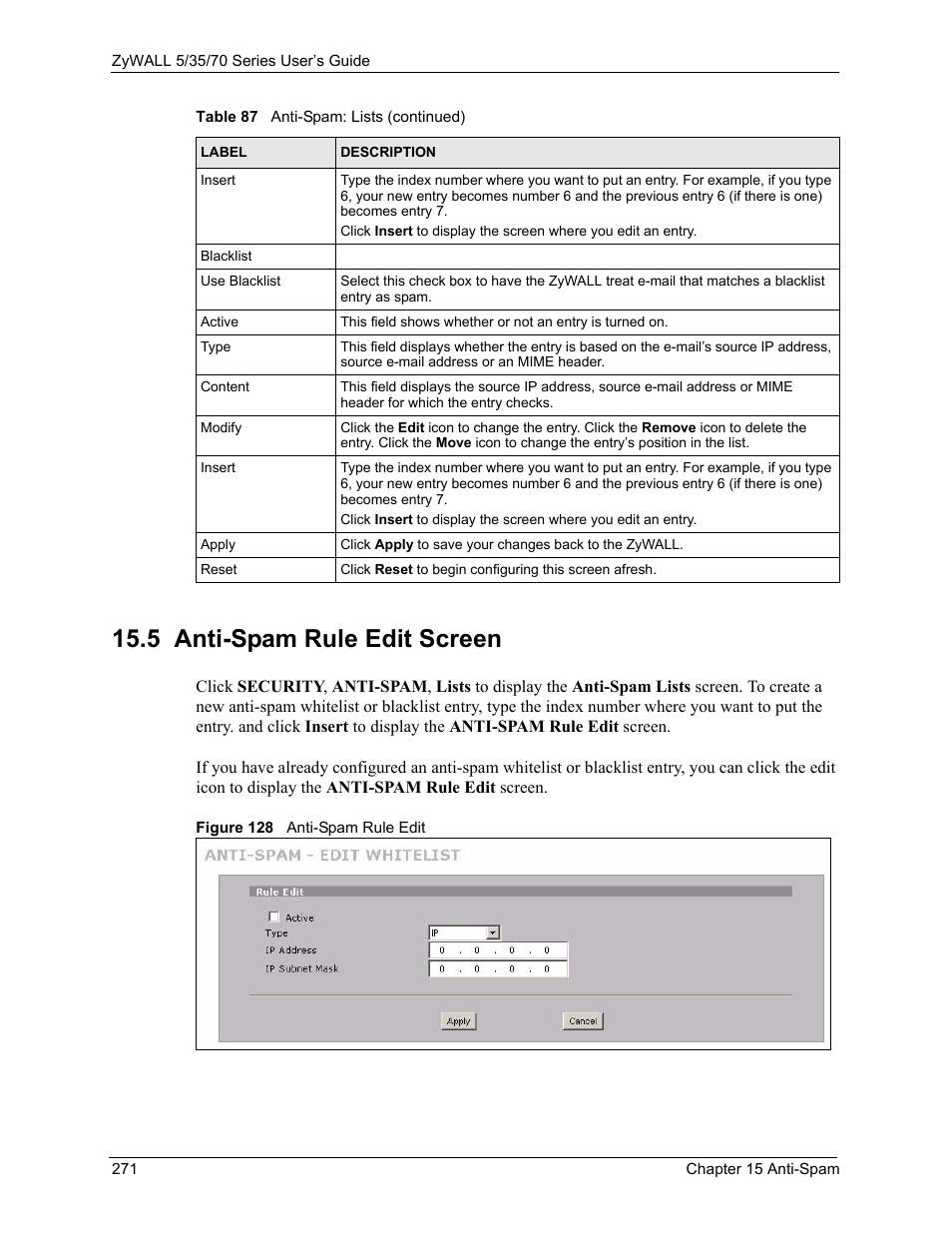 Figure 128 anti-spam rule edit, 5 anti-spam rule edit screen | ZyXEL Communications Internet Security Appliance ZyWALL5UTM 4.0 User Manual | Page 271 / 803