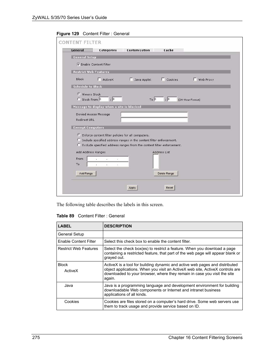 Figure 129 content filter : general, Table 89 content filter : general | ZyXEL Communications Internet Security Appliance ZyWALL5UTM 4.0 User Manual | Page 275 / 803