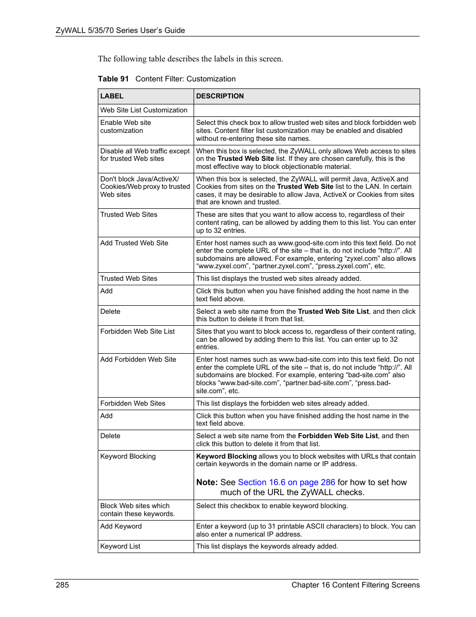 Table 91 content filter: customization | ZyXEL Communications Internet Security Appliance ZyWALL5UTM 4.0 User Manual | Page 285 / 803