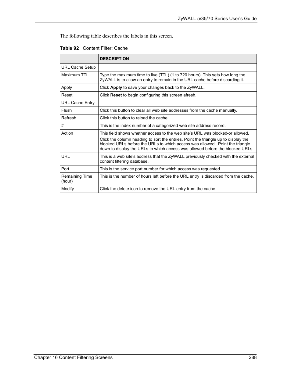 Table 92 content filter: cache | ZyXEL Communications Internet Security Appliance ZyWALL5UTM 4.0 User Manual | Page 288 / 803