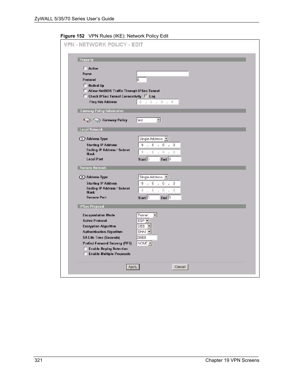 Figure 152 vpn rules (ike): network policy edit | ZyXEL Communications Internet Security Appliance ZyWALL5UTM 4.0 User Manual | Page 321 / 803