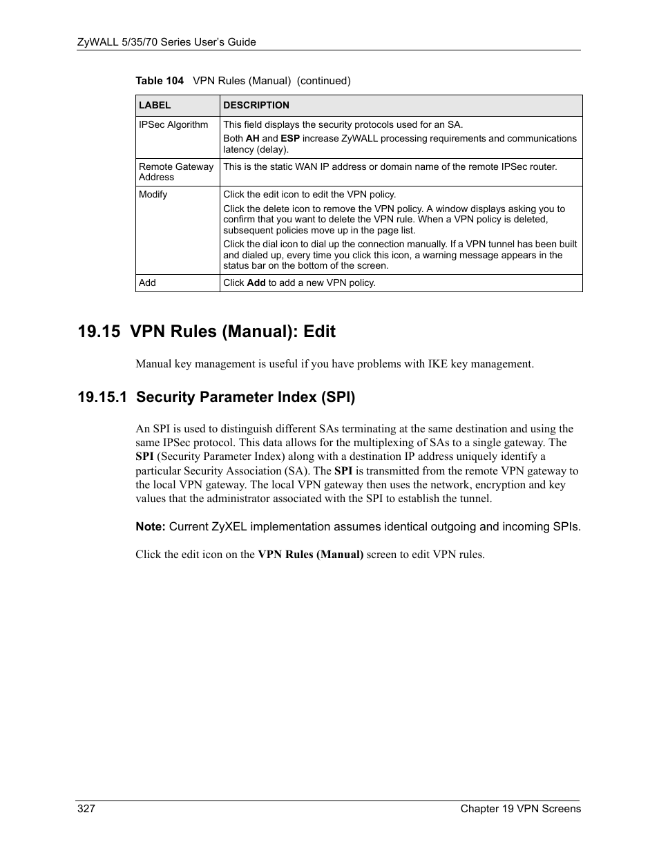 1 security parameter index (spi), 15 vpn rules (manual): edit | ZyXEL Communications Internet Security Appliance ZyWALL5UTM 4.0 User Manual | Page 327 / 803